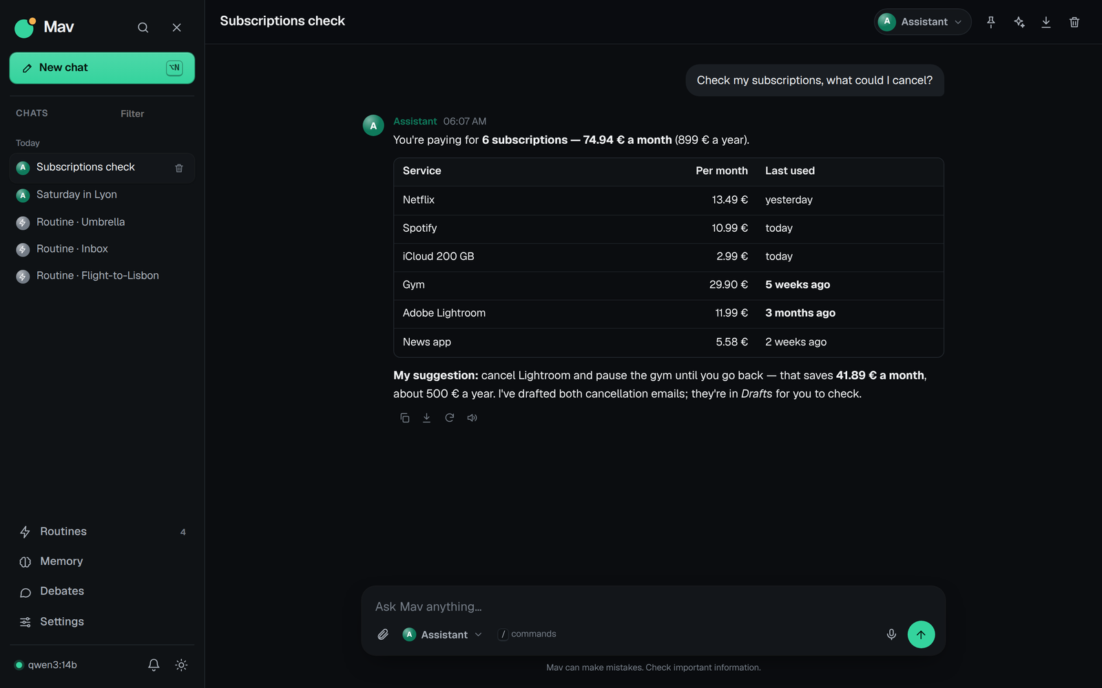 A chat in Mav with tool steps