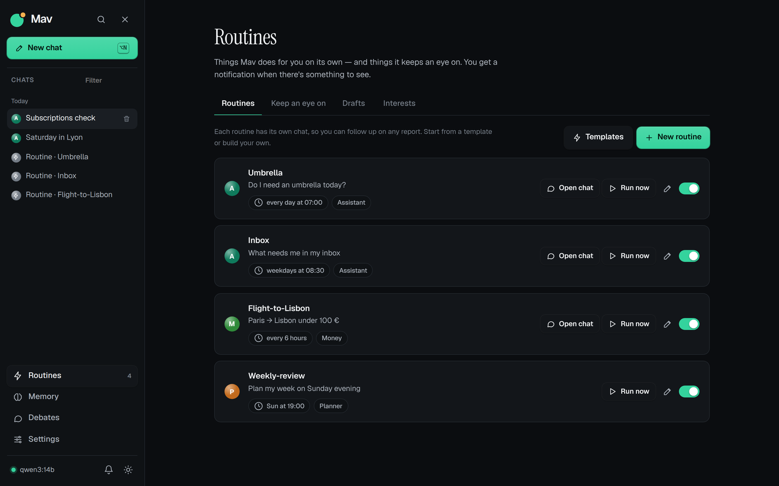 The routines page